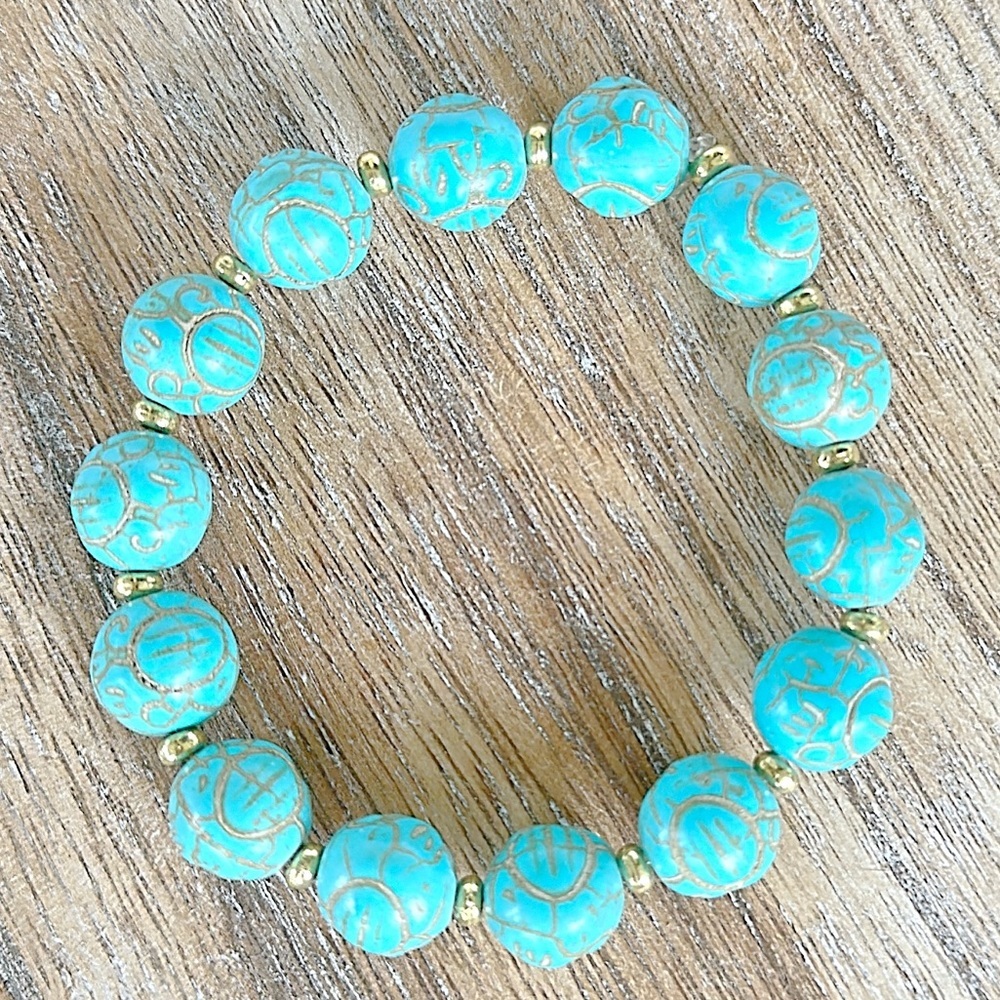 Birch House Jewelry, Handmade 10mm turquoise beaded bracelet w/ gold spa…